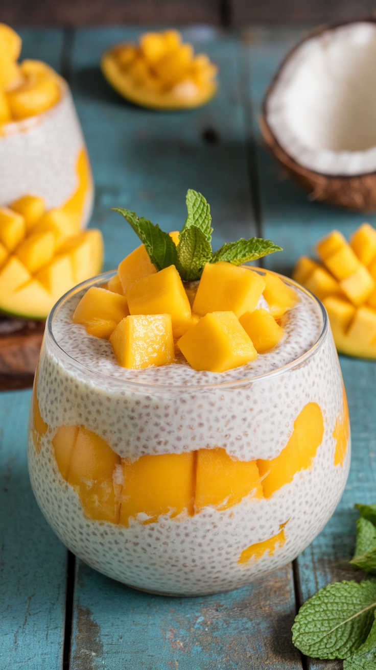 Creamy coconut mango chia pudding topped with fresh mango and mint leaves in a clear glass bowl.